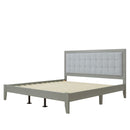 Mid-Century Solid Wood Platform Bed with Upholstered Headboard in Grey Fabric, King Size