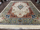 Indo Persian Rug 9x12, Ivory Red Green, Traditional Oriental Carpet