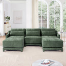 Elegant Three-Seater Sofa with Movable Ottomans and Lumbar Pillow in Green Chenille Fabric