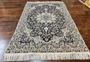 Persian Nain Rug 4x6, Floral, Hand Knotted Vintage Wool & Silk Highlights, Signature from Masterweaver, Navy Blue and Ivory