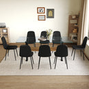 Table and chair set.79'x31.5' with X-shaped Black Metal Table Legs,Wood Grain Textured MDF Crossbeam.Paired With 8 Modern Mid-Century Style Upholstered Side Black PU Chairs.