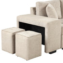 Modern L-Shape 3 Seat Reversible Sectional Couch with Pull Out Sleeper, Storage Chaise & 2 Stools, Cream, Linen Chenille