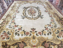 Aubusson Rug 10x14, Elegant French European Design, Vintage Handmade Carpet with Pile, Beige Floral Dining Room Rug, Living Room, Soft Wool