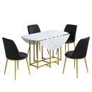 TOPMAX Space-Saving 5-Piece Extendable Kitchen Dining Table Set for Small Spaces - Round Faux Marble Top with Golden Frame, 4 Upholstered Chairs, Compact Foldable Design,White+Black
