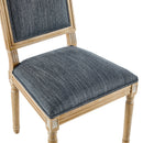 Vintage Inspired Set of 4 French Country Dining Chairs with Elegant Cane Backrest & Upholstered Seats in Rustic Weathered Blue Gray, Solid Rubberwood Frame