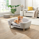 Elevated Dog Bed Frame for Small Dog, Corduroy Pet Couch Bed with Rubber Wood Legs and Supportive Foam, Beige, Easy Assembly