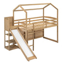 Walker Edison - Twin Size Wood House Loft bed with Slide, Storage shelves and Light, Climbing Ramp, Wood Color