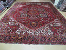 Heriz Rug 9x11, Geometric Persian Carpet Room Sized, Tribal Medallion Rug, Red Ivory Dark Blue Handmade Wool Rug for Living Room Dining Room
