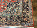 Red Persian Kashan Rug 10x14, Hand-Knotted Semi Antique Floral Medallion Handmade Wool Carpet, Red & Navy Blue