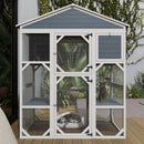 Gray Wooden Catio Outdoor Cat house Enclosure with Waterproof Top, 3 Platforms & 2 Napping House Small Pet Animal Cage