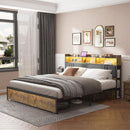 Bed Frame King Size with Storage Headboard and 2 Drawers, Upholstered Platform Bed with Charging Station and LED Light, Heavy Duty Frame Support, No Box Spring Needed, Noise Free, Dark Brown