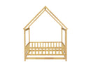 Full Size House Floor Wooden Bed with Roof Frame, Safety Guardrails,Natural