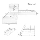 L-Shaped Combination Twin Bed with Trundle and Drawer,3-in-1 Low Corner Platform Bed Linked with Built-in Desk and Led Downlight, White