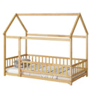 Twin Size House Floor Wooden Bed with Roof Frame,Safety Guardrails,Natural