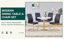 Table and chair set.31.5 Inch Elegant White Marble Pattern Round Dining Table - Suction Molding Annular Texture.Paired With 4 Black High-quality PU Chairs With Arched Golden Metal Legs.
