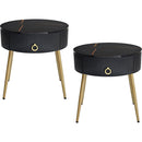 19.6" Easy Assembly End Tables with High Gloss Faux Marble Tabletops, Set of 2, Modern Fluted 2 Side Tables with Drawers, Round Coffee Tables with Golden Legs for Living Room, Black