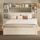 Queen Size Pine Wood Platform Bed with All-In-One 2 Nightstand, Storage Shelf and Cabinet Bookcase with 2 Charging Stations, Multi-Functional Captain Bed Frame with 3 Drawers, No Box Spring Needed