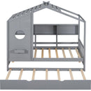 Wooden Twin Size House Bed With Trundle, Modern Design for Kids with Storage Shlef, Gray