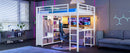 Queen Size Loft Bed Frame with Built-in Wardrobe, Metal Loft Bed with Desk and Storage Shelves, White