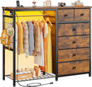 49 Inch Rustic Brown Dresser With Clothes Rack LED Lights
