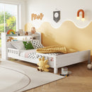 Full Pine Wood Bed with Bookcase Headboard ,LED Motion Sensor Light, Bed Guardrails,White