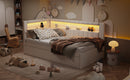Upholstered Twin Size Platform Bed with USB Ports and LED Belt, With Trundle, White