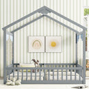 Double Twin House-Style Floor Bed with Fence, Guardrails, without door, Grey(Old Sku:W504P143316)