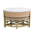 Modern Round Lift-Top Coffee Table with Storage & 3 Ottoman White & Natural