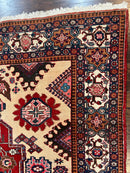 Antique Persian Heriz Rug 8x12 ft, Geometric Tribal Room Sized Carpet, Camel Hair Red Navy Blue, Wool Hand Knotted Medallion Oriental Carpet