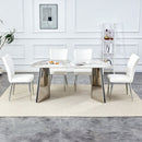 Table and chair set.63'x31.5x30' Luxurious Pandora patterned Sintered Stone Tabletop with Silver Stainless Steel Legs.Paried With 4 White PU Chairs with a vertical stripe design on the backrest.