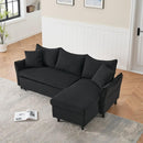 This 80-inch black corduroy L-shaped sofa comes with two small throw pillows that can be converted into a sofa bed for storage