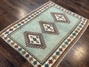 Turkish Kazak Rug 4x6, Geometric Medallion, Caucasian Design Rug, Semi Antique Vintage, Mint Green Maroon Ivory