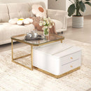 Modern 2 Pieces White Square Nesting Coffee Table with Drawers & Electroplated gold legs in 27.6"