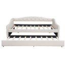 Elegant Upholstered Full XL Size Daybed with LED Belt and Trundle, Beige Linen Finish