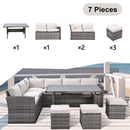 Walker Edison - Outdoor Patio Furniture Set,7 Pieces Outdoor Sectional Conversation Sofa with Dining Table,Chairs and Ottomans,All Weather PE Rattan and Steel Frame,With Backrest and Removable Cushions(Grey+Beige)