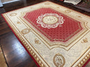 Aubusson Rug 9x12 ft, Red and Ivory Elegant Aubusson Carpet, Flatweave, Vintage Wool Handmade Area Rug 9 x 12, French European Design
