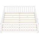 Queen Size Bed Floor Bed with Safety Guardrails and Door for Kids, White