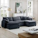 Oversized modular cushioned sofa with conversible ottoman, 3-seater sofa with 2 footstools, U shape sofa inGrey corduroy fabric