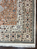 Indo Persian Rug 6x9, Wool Hand Knotted Vintage Carpet, Salmon & Ivory, Traditional Oriental Rug 6 x 9