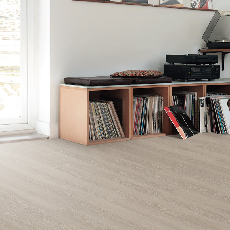 Navigation Silver Sand Oak 12mm 6.41"x47.63" Uniclic HDF AC4 Waterproof Laminate Wood Flooring - Dekorman Collection book shelf view