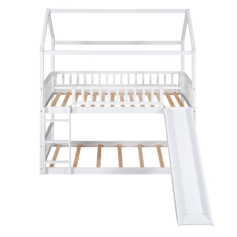 Twin Over Twin Bunk Bed with Slide, House Bed with Slide, White