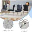 Table and chair set.Elegant Transparent Tempered Glass Dining Set - 71'x35.4' with 8 Black PU Chairs with a vertical stripe design on the backrest.