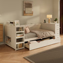 White Wooden Twin Size Daybed with Side Shelves & Drawers, Multi-Functional Desk & Charging Station