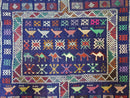 3' X 7' Vintage Handmade Indian Wool Kilim Flat weave Rug Camel Birds Blue Geometric Short Runner