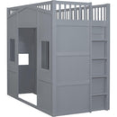 Twin Size House Loft Bed With Ladder and Wardrobe-Grey