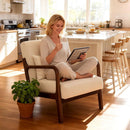 White Linen Upholstered Armchair With Premium Wood