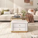 Modern 2 Pieces White Square Nesting Coffee Table with Drawers & Electroplated gold legs in 27.6"