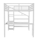Queen Size Loft Bed with L-shaped Desk and USB, Metal Loft Bed with Wardrobe and Adjustable Shelf, High Loft Bed with LED for Kids Teens Adults, White