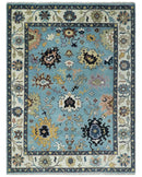 9x12 Antique Hand Knotted Blue and Ivory Traditional Vintage Persian Oushak Wool Rug | TRDCP954912