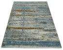 9x12 Fine Hand Knotted Ivory and Blue Modern Abstract Style Wool and Silk Area Rug